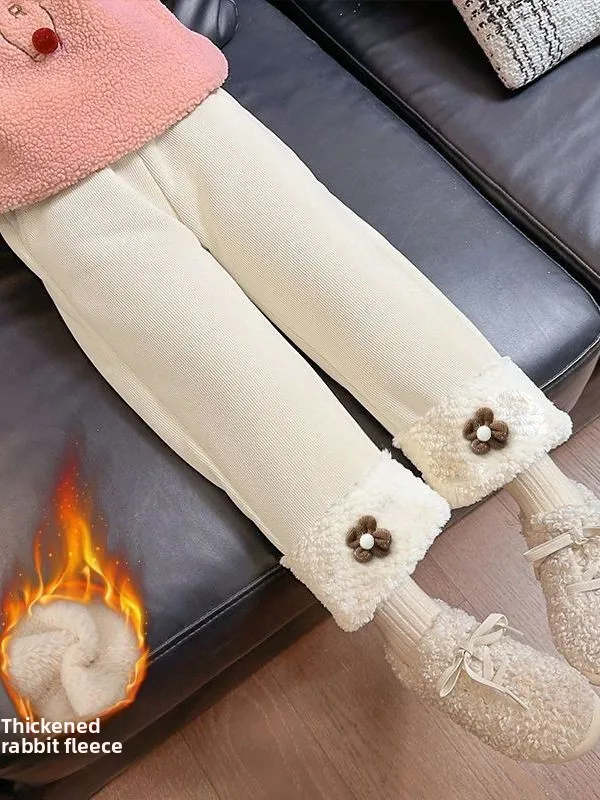 Pantalones Casuales de Invierno para Niñas, Forrados, Cálidos, Modernos, Versátiles, Largos, a la Moda, de Cintura Alta