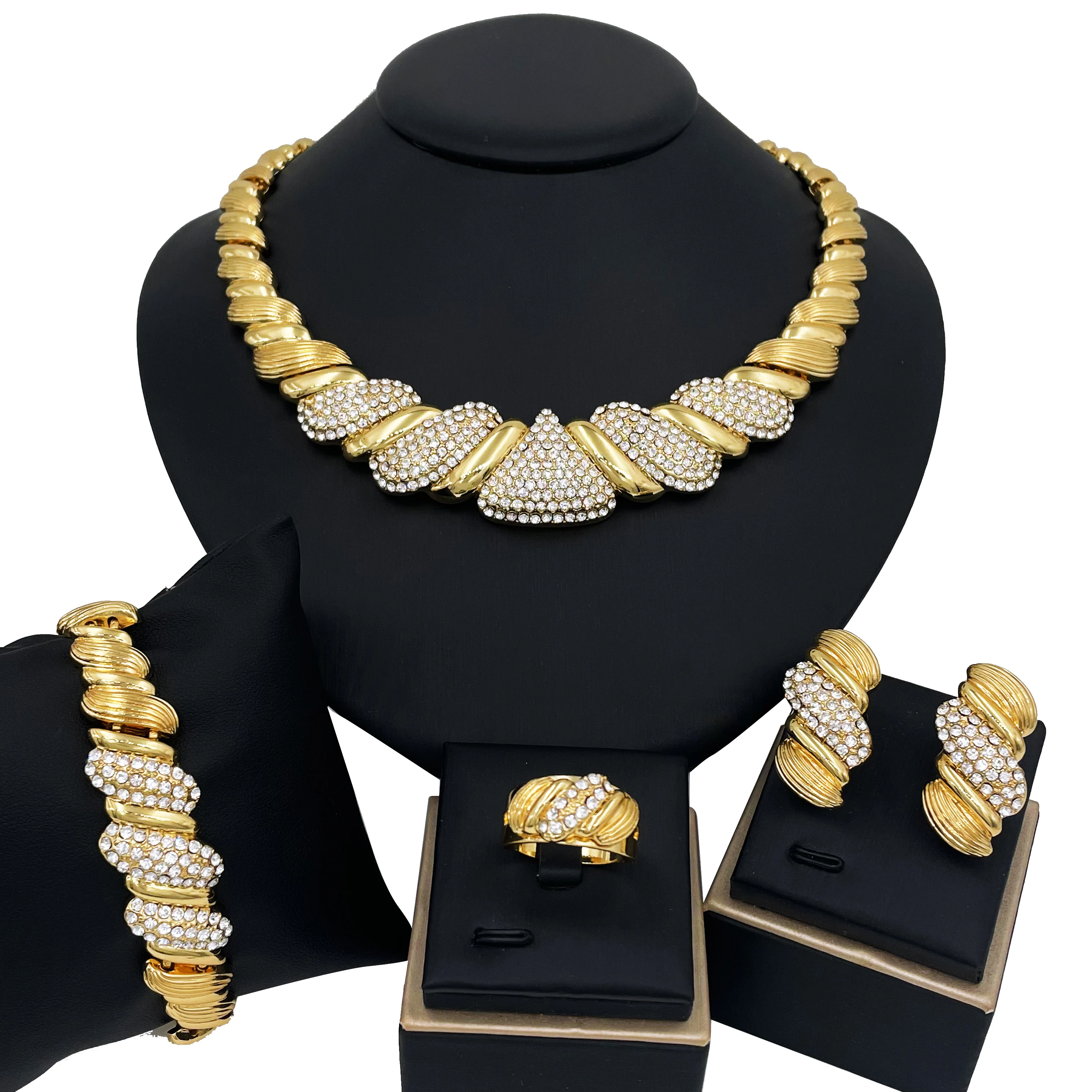 

Dubai Fashion 18K Gold Plated Jewelry Sets For Women Necklaces Earings Bracelet And Ring 4PCS Set Jewelry Wedding Party Gift