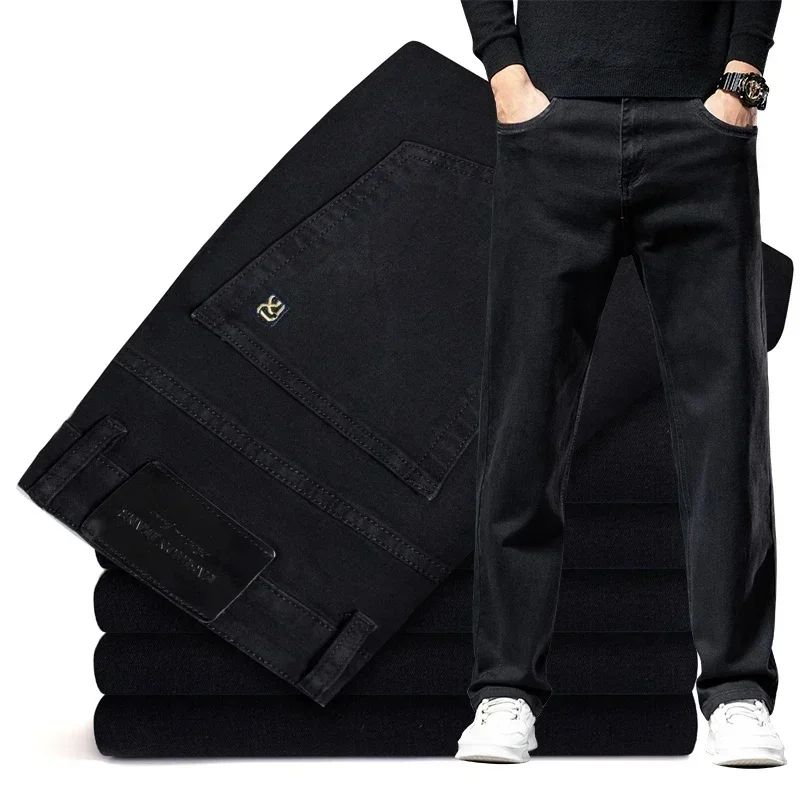 

Classic Style Autumn and Winter Men's Plain Black Straight-leg Jeans Business Fashion Stretch Loose Denim Pants Male Brand