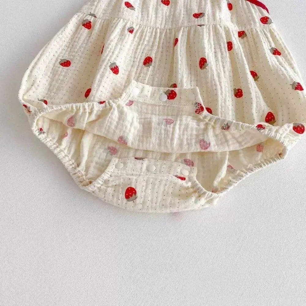 Cute Strawberry Printed Sling Jumpsuit Sweet Bow Thin Romper Clothes Girl