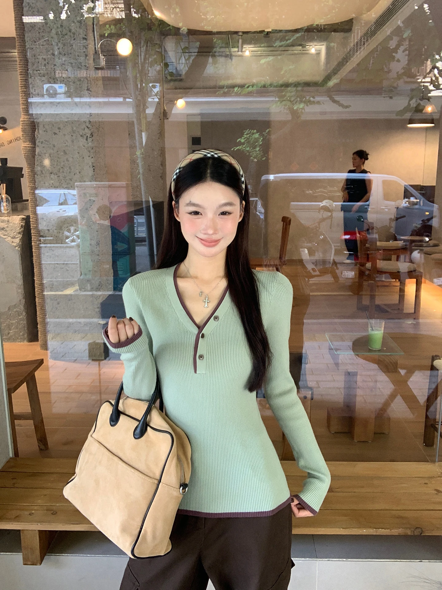 

Slim Fit Long Sve V-Ne Knitwear Women's Autumn Winter Outerwear Casual High-End Sle Comfortable Breathable Faionable