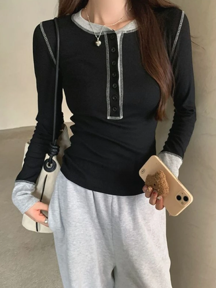 Women's Korean Style Long Sleeve T-shirt Round Neck Slim Fit Color-Block Design Solid Color Versatile Top
