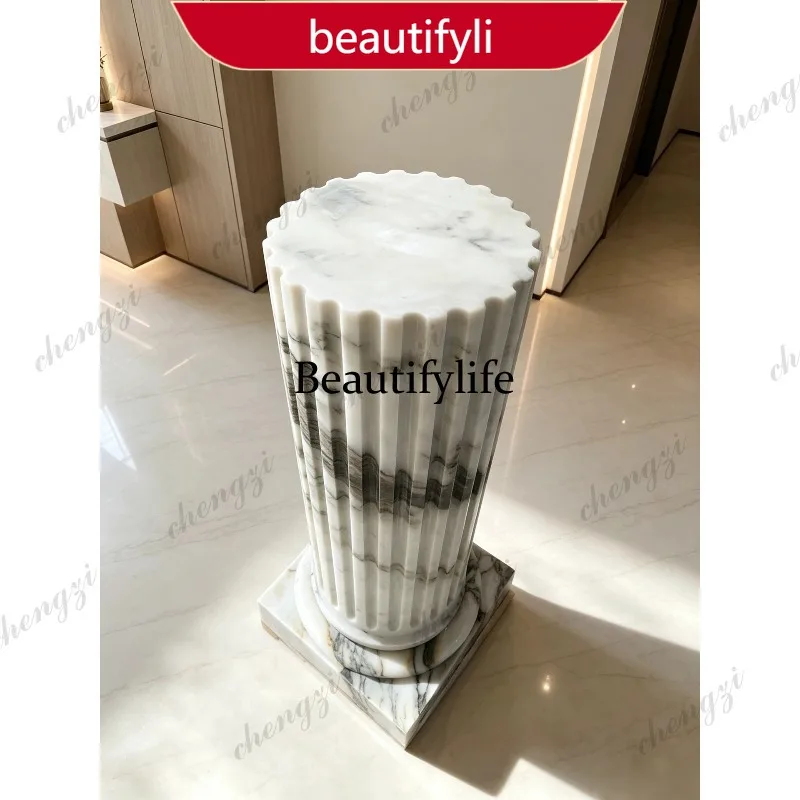 02A Natural marble round column large flower white living room entrance ornament base display stone pillar