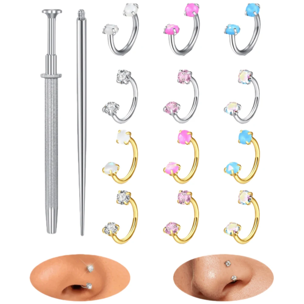 Septum Rings Horseshoe Nose Rings 18G Stainless Steel Double Gem Horse Shoe Nose Ring Hoop Opal CZ Nose Piercing Jewelry