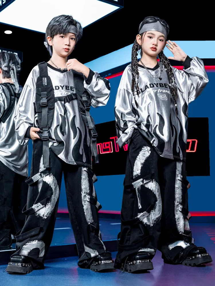 

Детская одежда в стиле хип-хоп Kpop, толстовка с серым пламенем, черный жилет, спортивные штаны с граффити на бретельках для девочек и мальчиков, костюм для уличных танцев, одежда