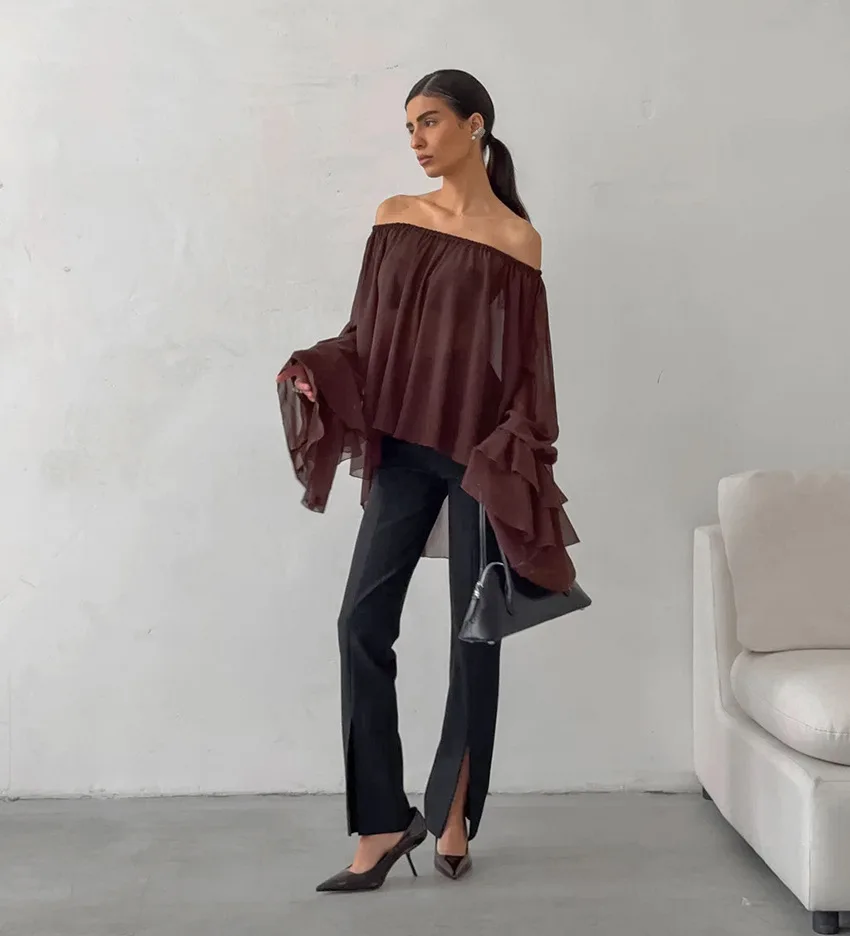 

Summer Elegant Off Shoulder Ruffle Tops for Women Cape Bell Sleeve Blouses Bohemian Slash Neck Female Top New In 2025 Chic