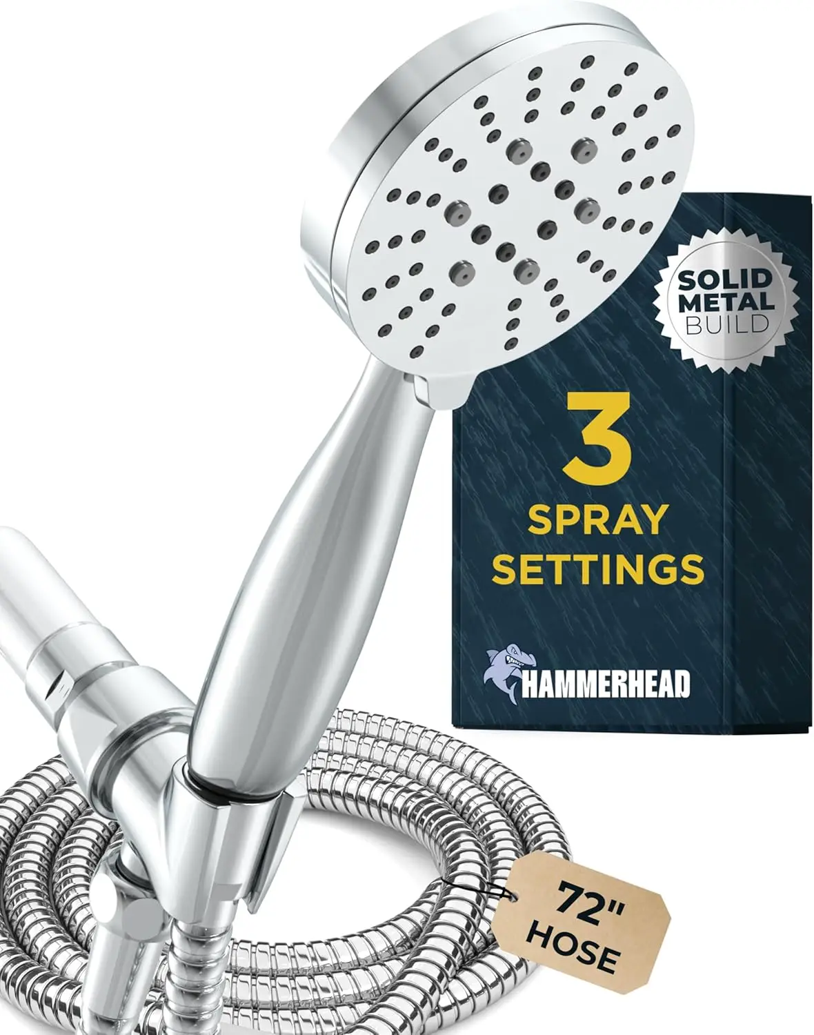 Solid Metal 3-Spray Handheld Shower Head with Long Hose and Holder - High Pressure, Wide, Massage, Mist Sprays