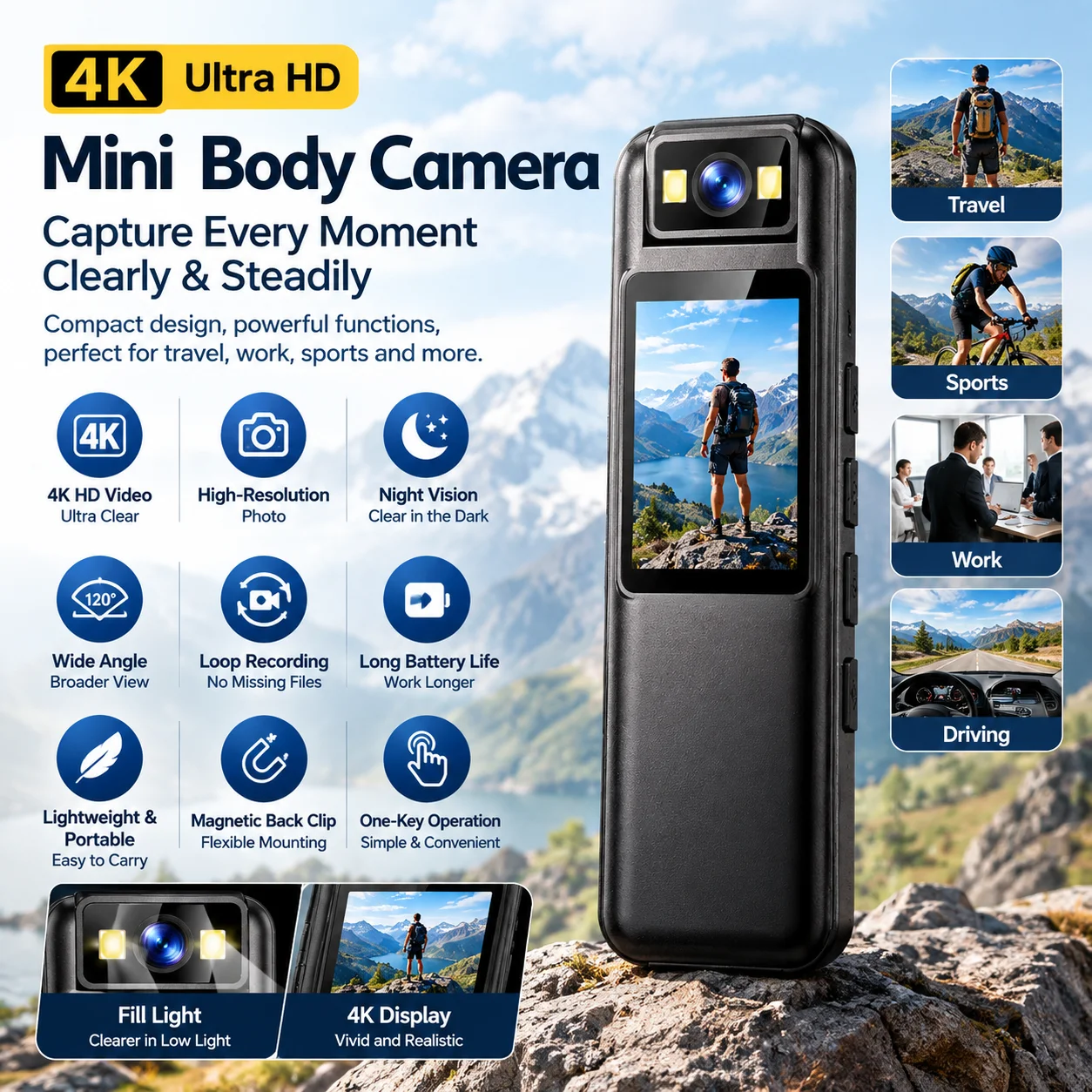Mini Body Camera 4K HD Video Recorder with Screen Night Vision Fill Light Loop Recording Portable Camera For Travel Sports Work