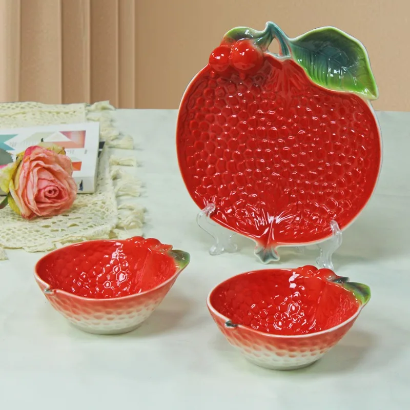 Creative Pomegranate Plate Ceramic Dumpling Plates with Vinegar Dish Dining Plate Fruit Plates Salad Bowl Snack Bowl Candy Tray