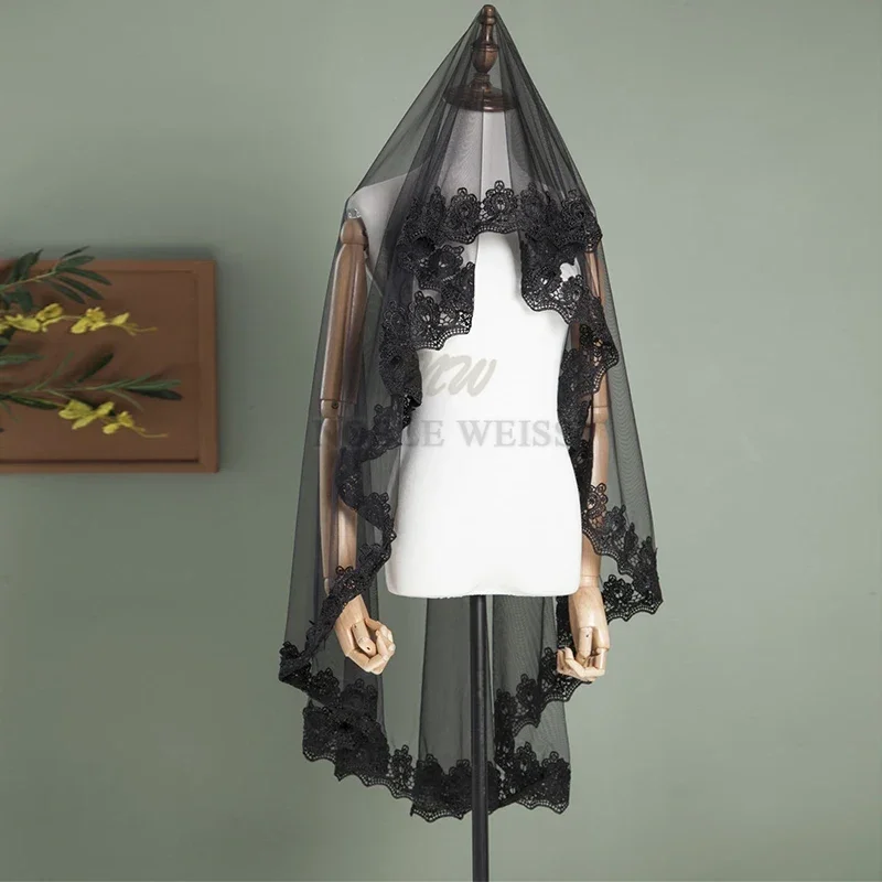 

Black Lace Wedding Veil Short One layer Without Comb 1T Bridal Veil Customized
