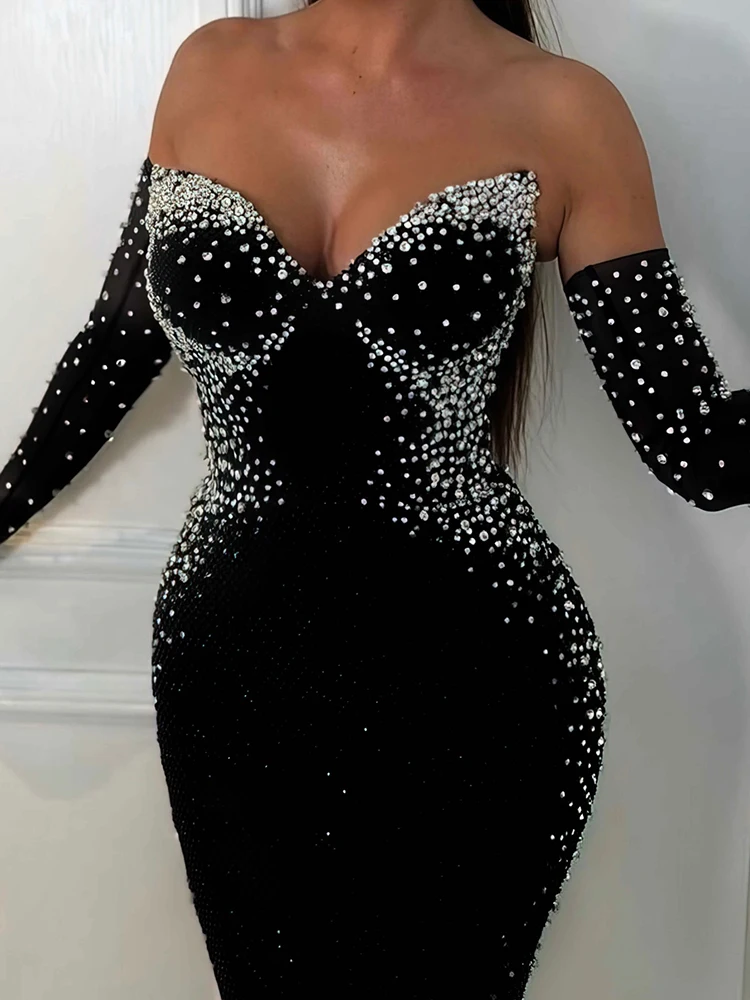 Black Velvet Long Dress Strapless Backless  Maxi Prom Cocktail  Pearls Embellished Party Evening Gown with Gloves Vestidos