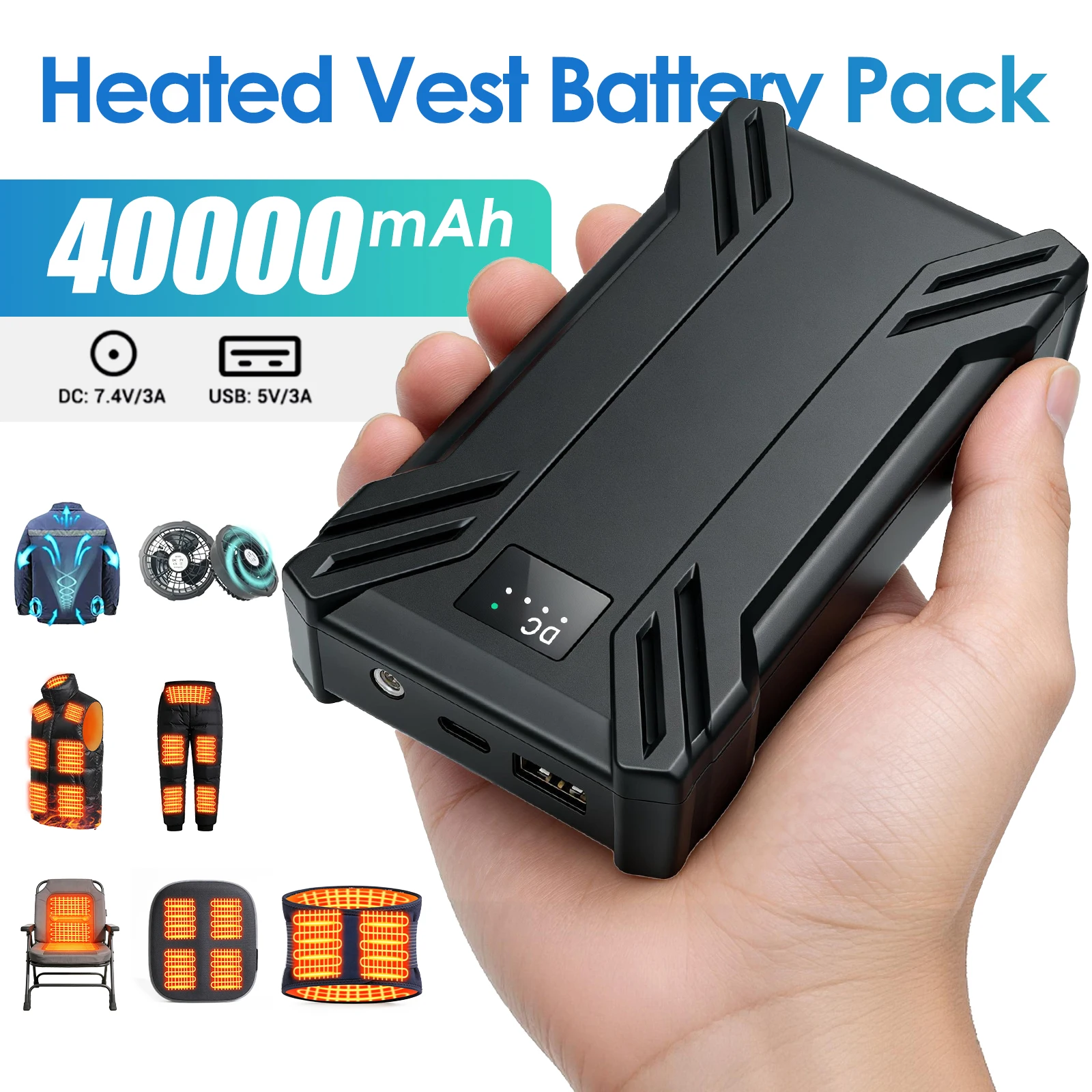 Image of DC 7,4V 40000mAh Powerbank für beheizte Jacken, externer Akku für Heizwesten, Jacken, Handschuhe, tragbare Heizgeräte