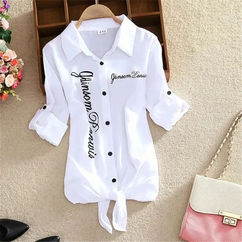 Women Spring Autumn Style Blouses Shirts Lady Casual Long Sleeve Turn-down Collar Letter Printed Blusas Tops