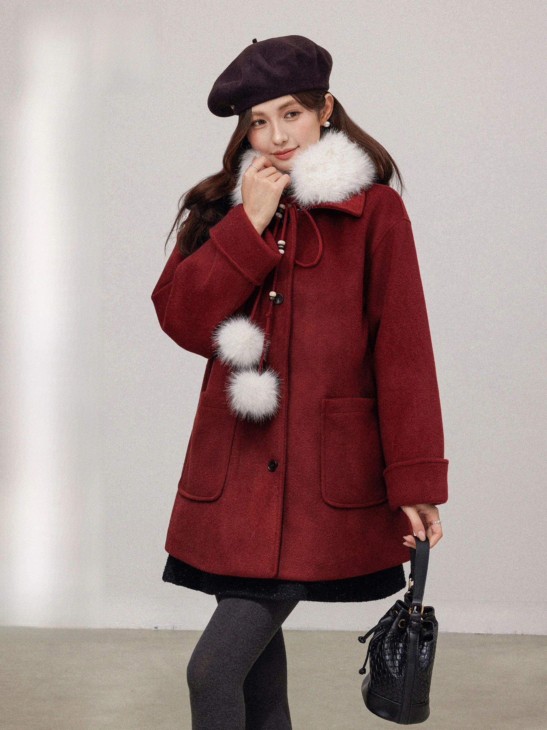 

Cisas Red Woolen Coat Women's Thiened Fce Lined Mid-length Warm Winter Casual Sle High Waist Single Button Closure
