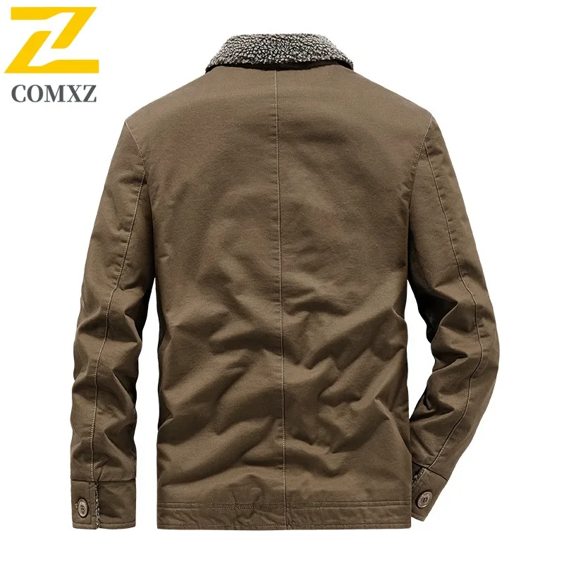 COMXZ Lamb Wool Coat Men Winter Thickened Fur Collar Fleece Lined Workwear Pilot Jacket Cotton Coat Lamb Fleece waterproof  Top