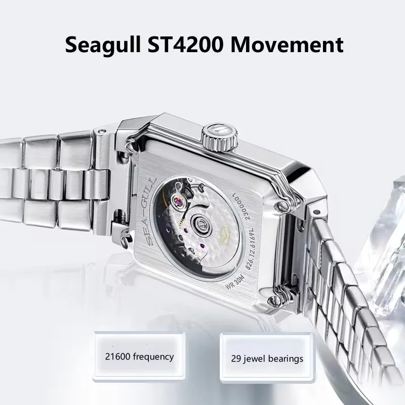 2024 Seagull Women\'s Square Silver Wrist Watches Watches Ladies Automatic Mechanical ST4200 Watches Clock Montre Femme 6169L