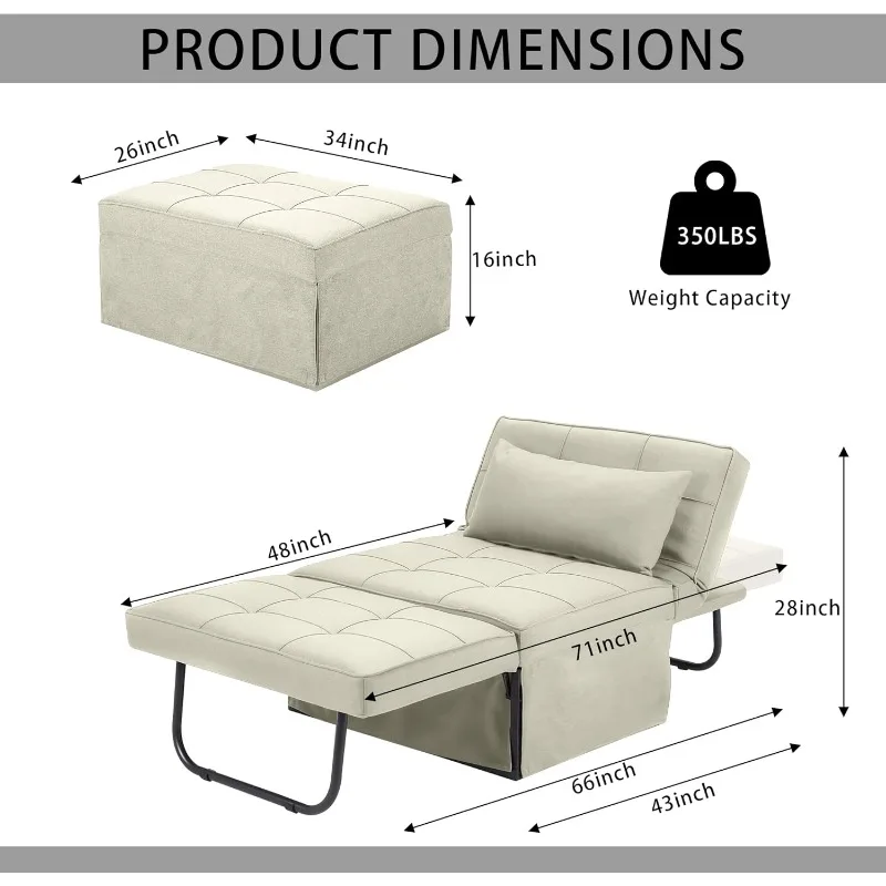 4 in 1 Multifunctional Folding Breathable Linen Sofa Bed with Adjustable Backrest Modern Convertible Chair