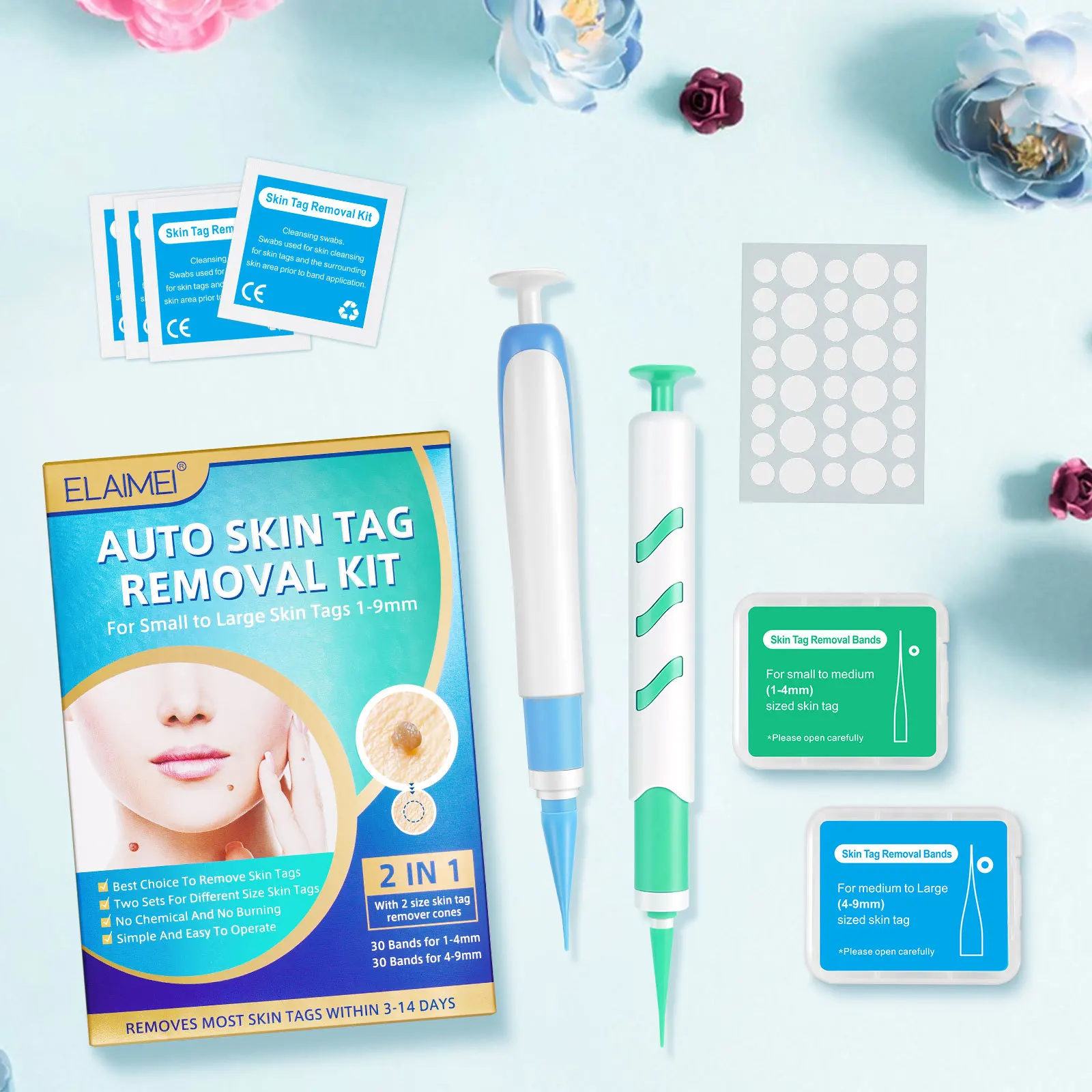 2-IN-1 مجموعة أدوات إزالة علامات الجلد التلقائي لعلامات الجلد الصغيرة إلى الكبيرة 1-9 مللي متر مع مسحات التطهير للاستخدام المنزلي أداة العناية ببشرة الوجه