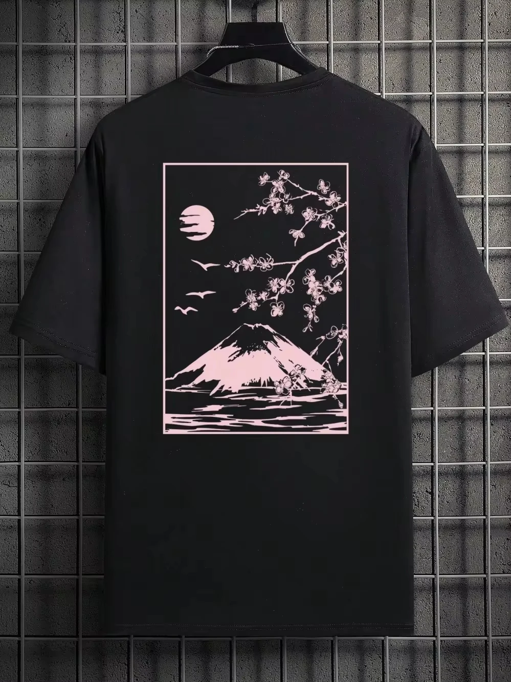 Black T-Shirt with Pink Cherry Blossom Moon Birds and Mountain Graphic Minimalist Japanese Aesthetic Tee  streetwear JP(Origin)