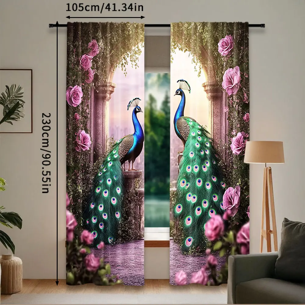 2Pcs Retro Peacock Printed Curtains For Study Room Kitchen Living Room Dorm Room Bedroom Room Decor Home Decor A