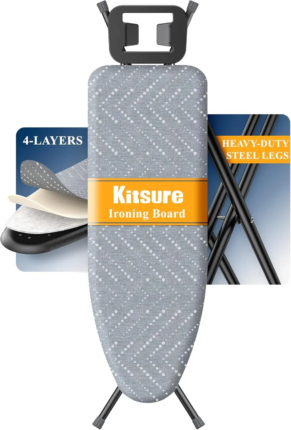 

Складная гладильная доска с регулируемой высотой — полноразмерная, стабильная конструкция с термостойким чехлом, серая