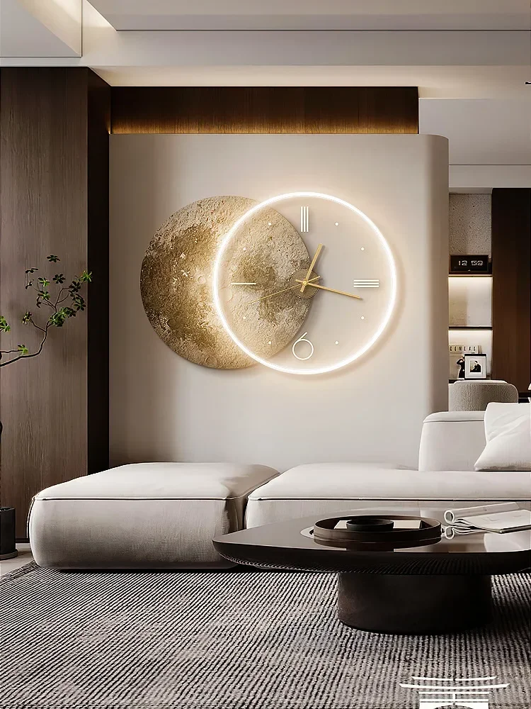 Home Large Dining Room Decoration Luxury Painting Moon LED with Silent Clock Lamp Living Room Wall Hanging Painting Bedroom Gift