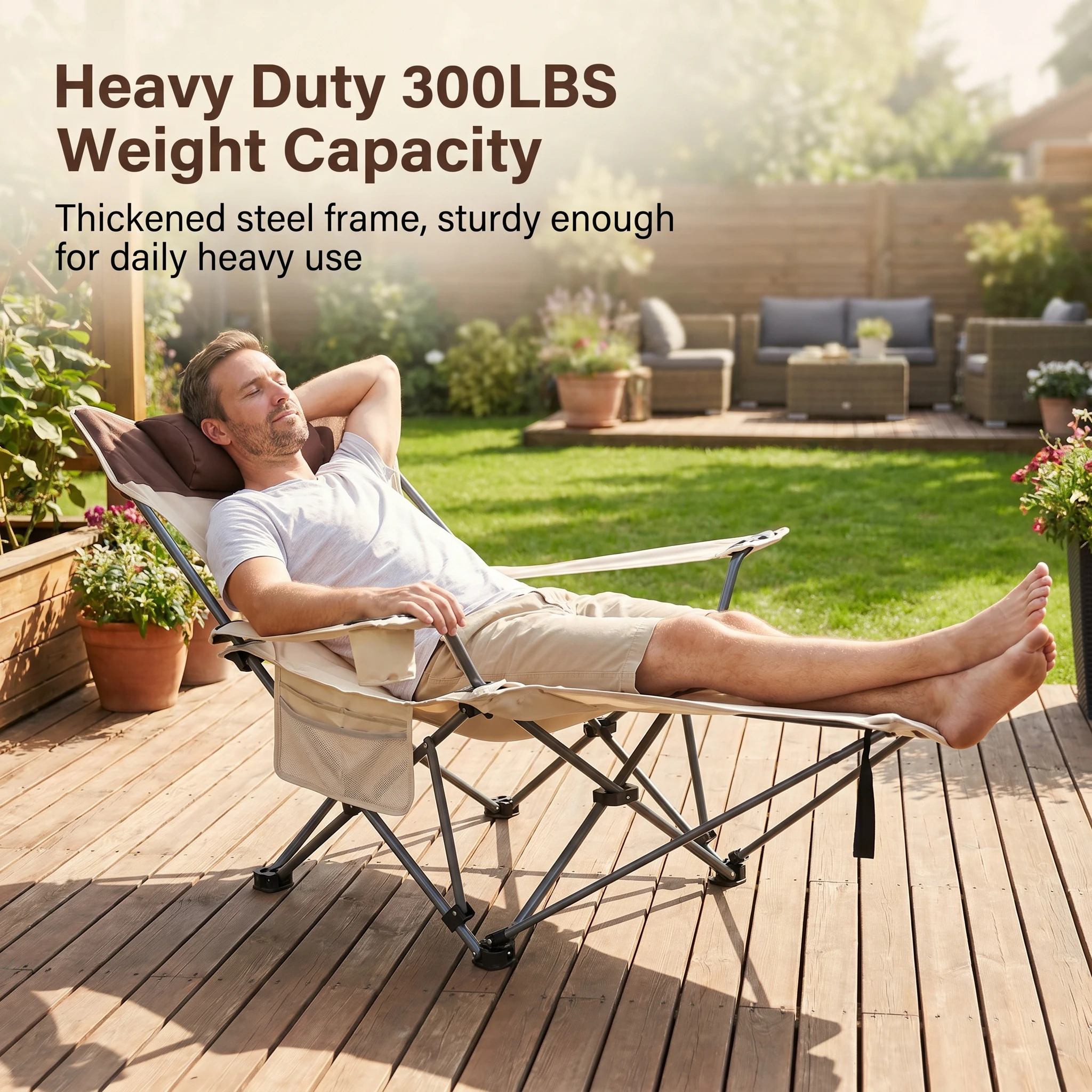 Folding Outdoor Recliner Lounge Chair with Footrest & Headrest, Heavy Duty Foldable Camping Chair with Cup Holder Storage Pocket
