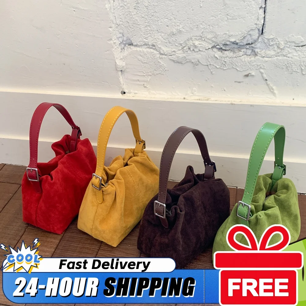 Women Faux Suede Crossbody Bag W/ Adjustable Strap Drawstring Top Handle Bag Shoulder Handbags for Travel Winter Fall