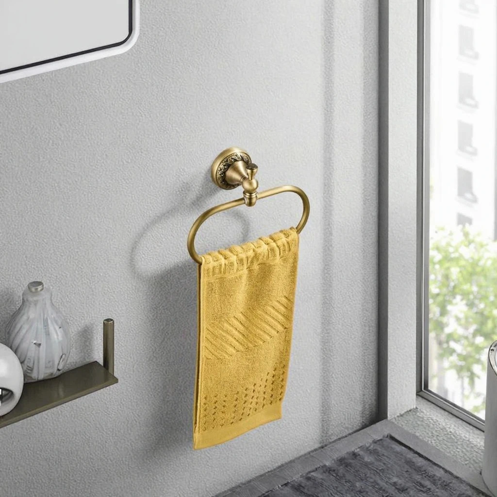 

Modern Self-Adhesive Wall-Mounted Hand Towel Holder Antique Brass Brushed Bronze Carved Oval Towel Ring For Bathroom Kitchen
