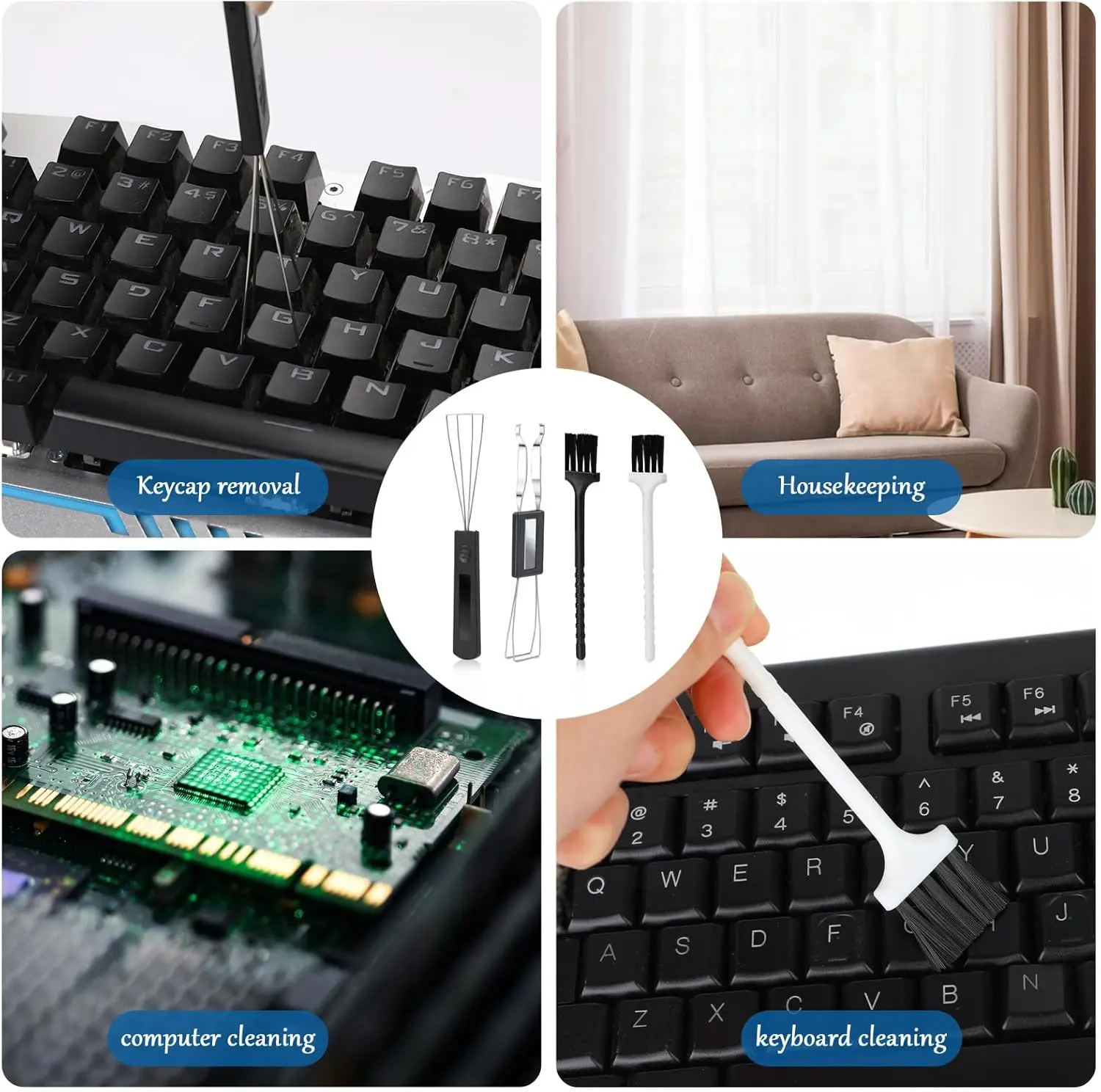 1 набор инструментов для снятия клавишных колпачков, 2 съемника клавиш из нержавеющей стали с 2 щетками для клавиатуры для механической клавиатуры.