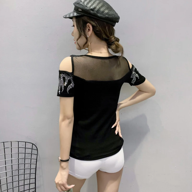 2023 nowa letnia koszulka Chic Sexy Back Off Shoulder O-Neck patchworkowy, z siatką diamenty kobiety z krótkim rękawem topy Hand Made Tees 32273