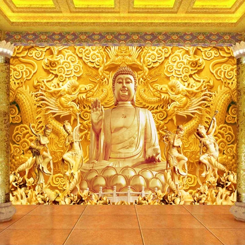 Custom Mural 3D Stereoscopic Relief Golden Buddha Sculpture Large Mural Interior Hall Living Room TV Background Photo Wall Paper