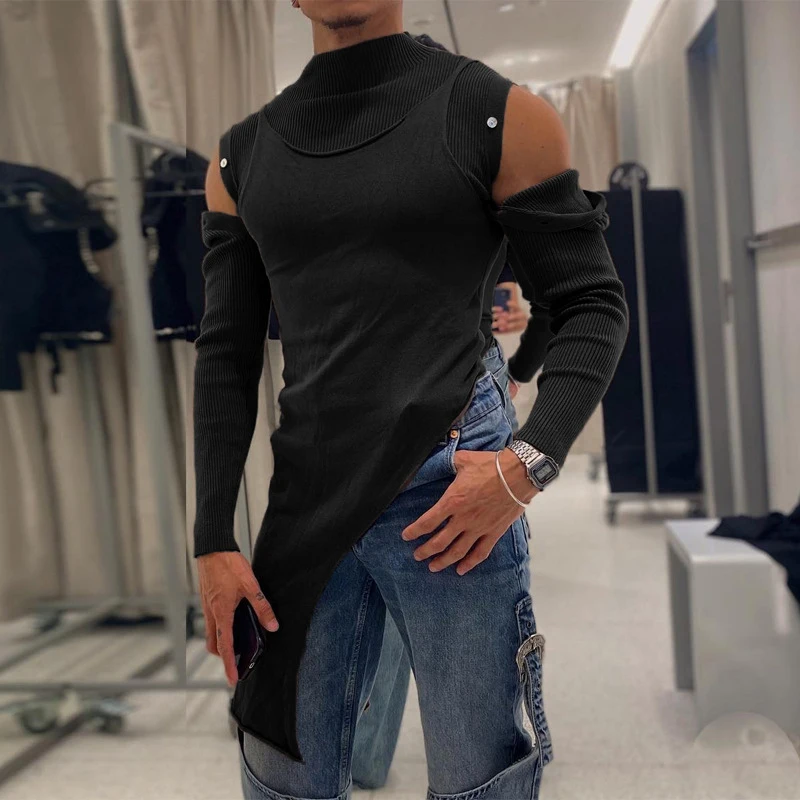 Streetwear Mens Fashion Irregular Shirt Tops Men Y2K Vintage Hollow Out Buttoned Long Sleeve T Shirts Fall Trendy Pullover Tops