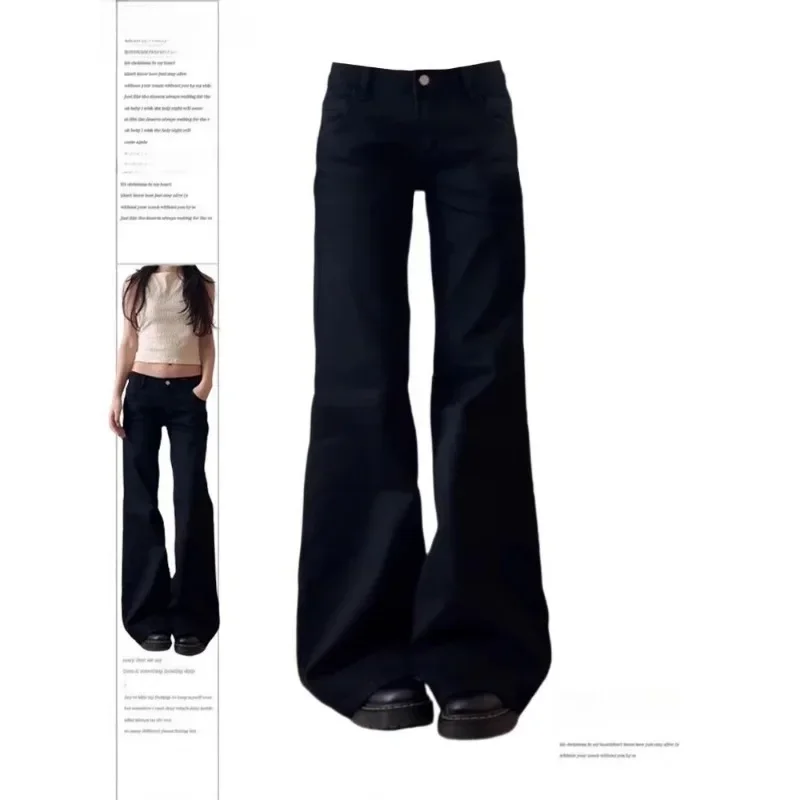 Low Waist Jeans Y2K Black Flare Washed Vintage Casual Minimalist Denim Pants Grunge Solid Color Street Retro Trousers
