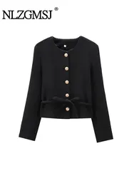 TRAF 2024 Autumn Elegant Black Women Tweed Jacket Long Sleeve Single Breasted Short Coat Crop Top Y2K With Sashes