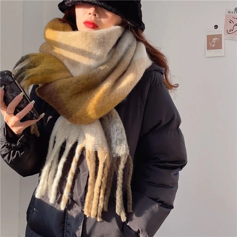 Mohair Rainbow Winter Plaid Cashmere Scarf Shawl Wrap Chequered Scarves Necks Warm Long Tassel Thicker bufanda invierno mujer