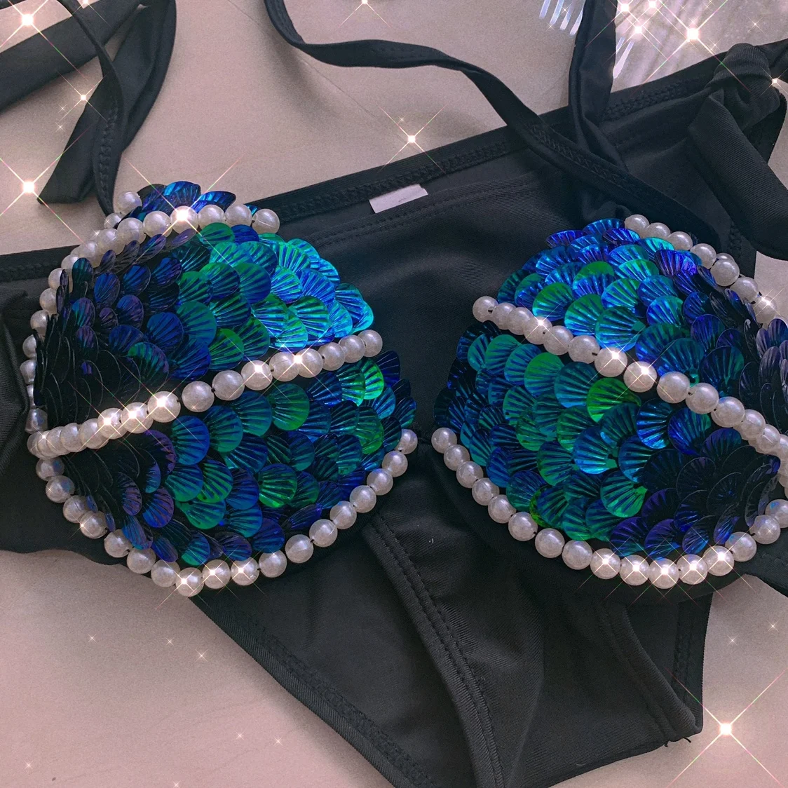 Hand-Stitched Pearl Mermaid Sequin Corset Set Laser Bikini Corset Free Diving Swimsuit For Oceanarium Performance