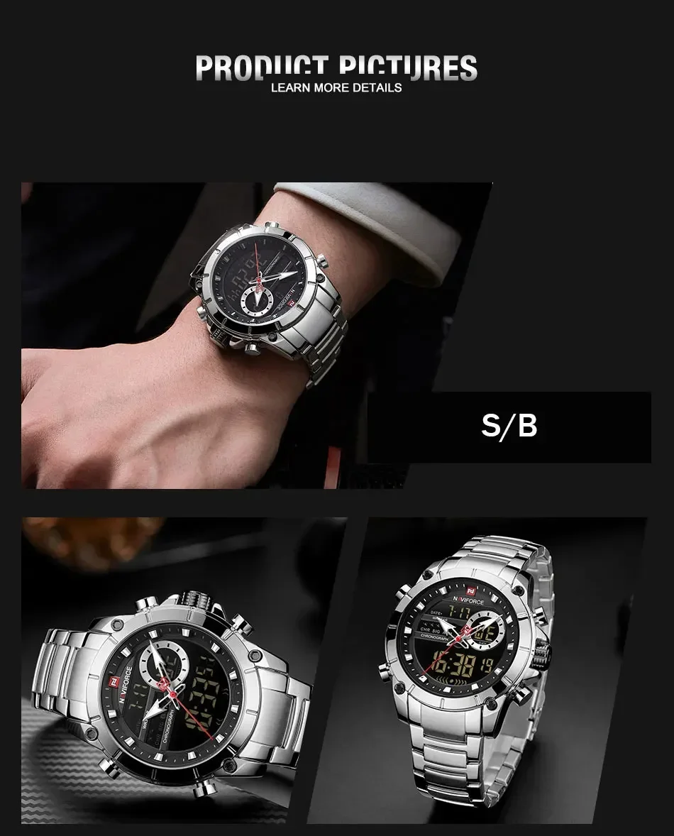 NAVIFORCE Top Brand Luxury Watch Men Waterproof Quartz Digital Led Male Clock Military Sport Stainless Steel Man Wristwatch 9163