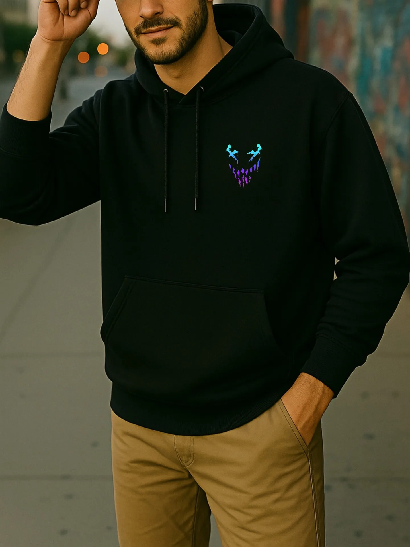 هوديي برسومات جرافيك للرجال، نمط ملابس الشارع مع طباعة كرتونية، قماش ناعم، للارتداء اليومي، للشباب