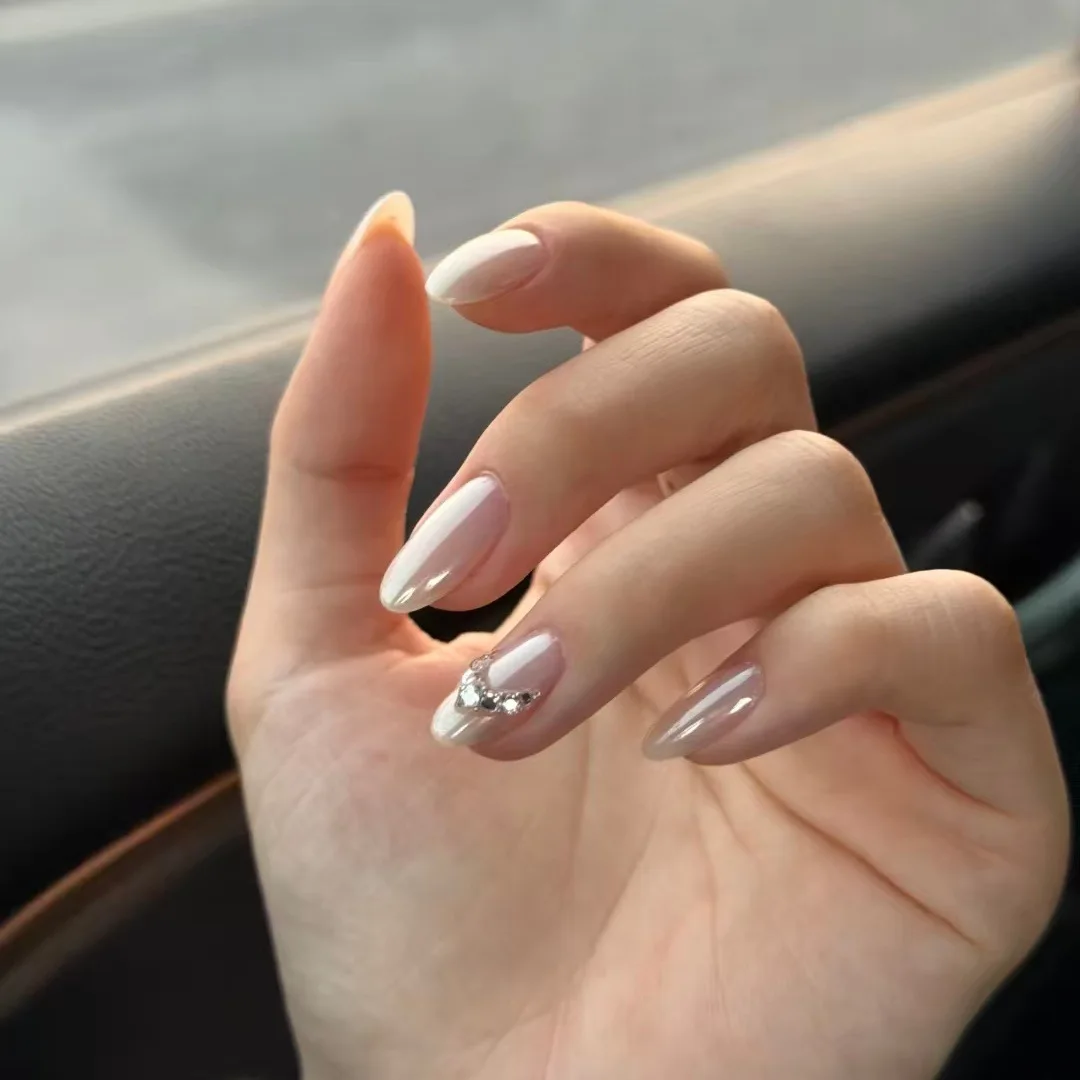 

10 шт., средний овальный французский пресс на ногтях ручной работы, телесный розовый Аврора, любовь, бриллиантовый декор, накладные ногти, носимые ногти, подарок для девушки