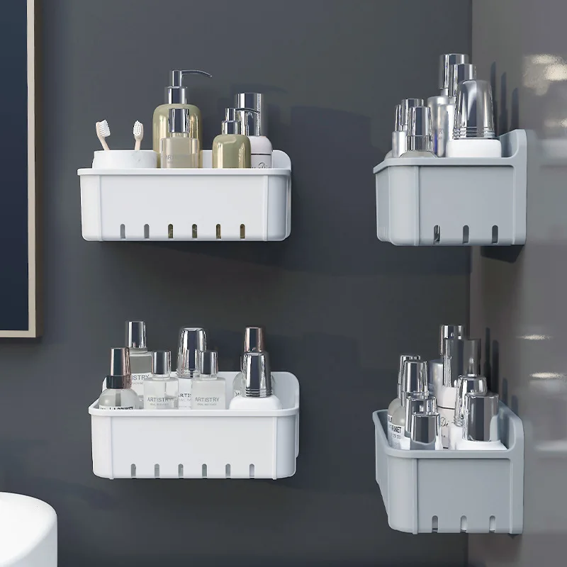

No-Drilling Plastic Bathroom Shelf Kitchen Paste Organizer Self-Stick Hanging Basket Waterproof Wall Mounted Storage Rack