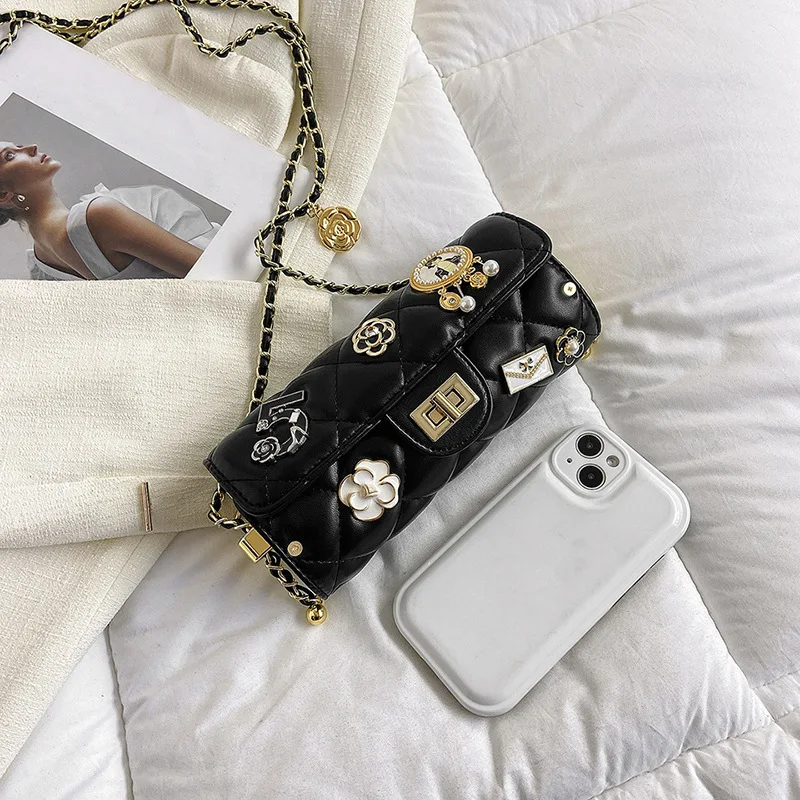 Bolso de hombro de moda para mujer, pequeño estilo fragante, textura de rejilla de diamante, bandolera cuadrada de cuero PU