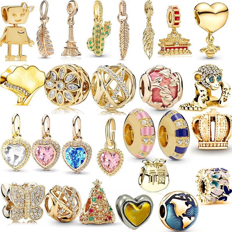 

2024 New Gold Color Series Bee Cactus Heart Pendant Charm Beads For Pandora DIY Necklace Bracelet Keychain Women Jewelry Gifts