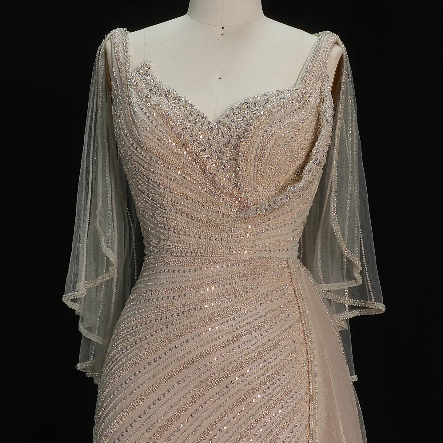 Sharon Said Luxuriöses Schwarzes Abendkleid, Lang, Perlenbesetzt, V-Ausschnitt, Cape-Ärmel, Elegante Ballkleider, Hochzeitsfeier, Damen, SS063, Maßanfertigung – Detail 22