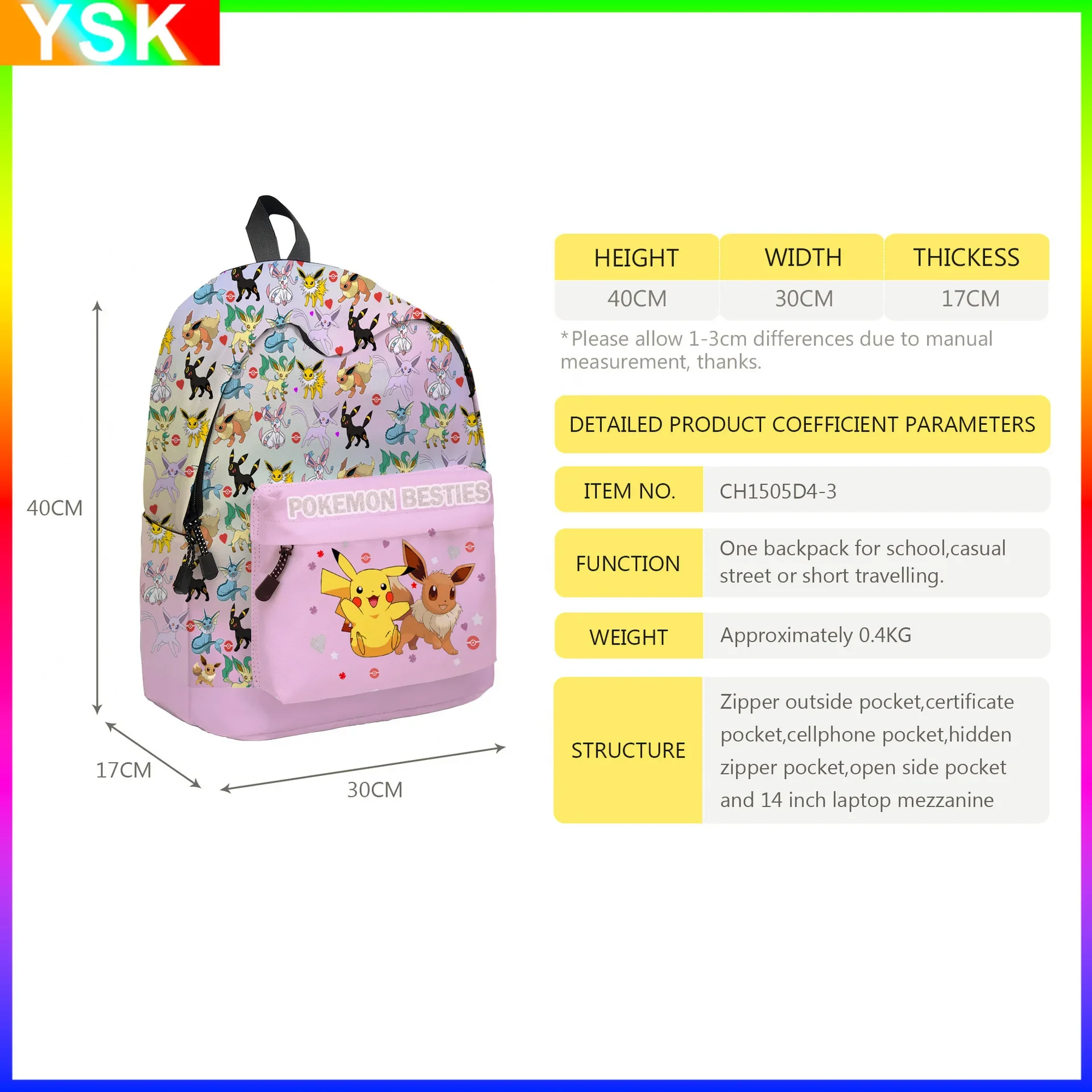 Pikachu Cartoon Backpack Dwuczęściowy Pokemon Student School Bag Pencil Bag Elf Pokémon Anime kawaii Cartoon School Bag Mochila