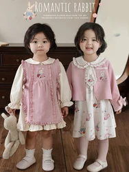 Girls' Clothes Children's Fashion High Waist Dress Autumn Bow Coat Baby Cute Printing Sets Fashion