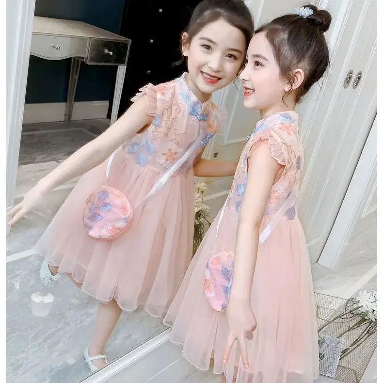 Girls Dress Summer Western Style Cheongsam Princess Dress Retro Chinese Style Mesh Gauze Puffy Skirt Outer Wear Casual Simple