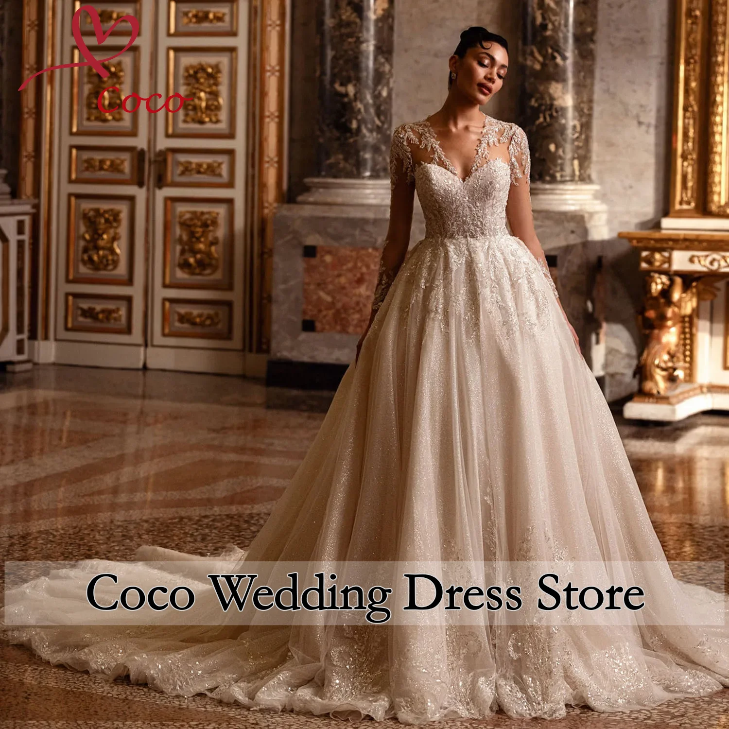 

Индивидуальный свадебный бальный костюм с V-образным вырезом, длинными рукавами, украшенный жемчугом, блестящими бусинами, пайетками и аппликациями, Vestido De Noiva