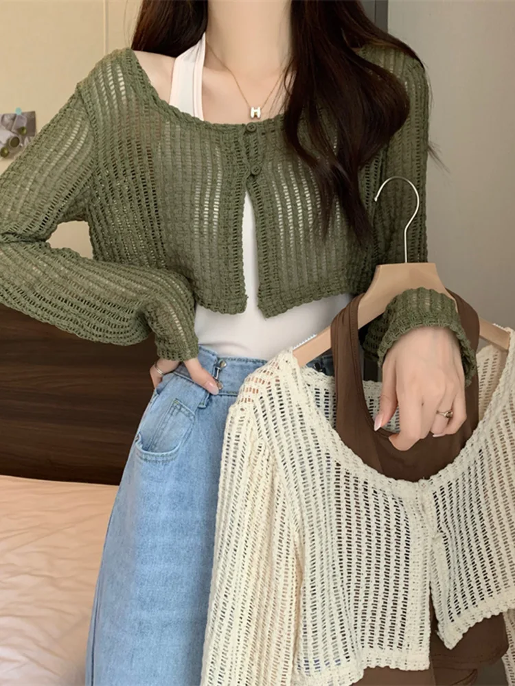 

Sun Protection Hollow out Knitted Cardigan Women's Thin Winter Top with Strap f oulder awl ort Me Knitted Sweater