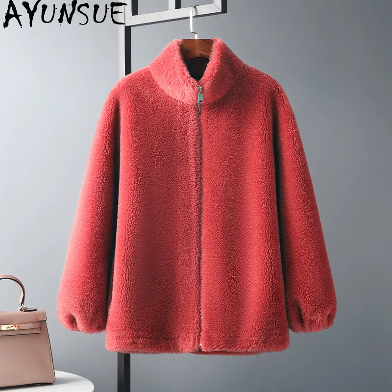 AYUNSUE New Sheep Shearing Jacket for Women 2023 Autumn Winter 100% Wool Coats Casual Loose Fur Coat Standing Collar Abrigos